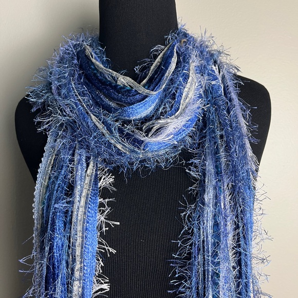 Blue and White Fringed Scarf - Picture 5 of 7